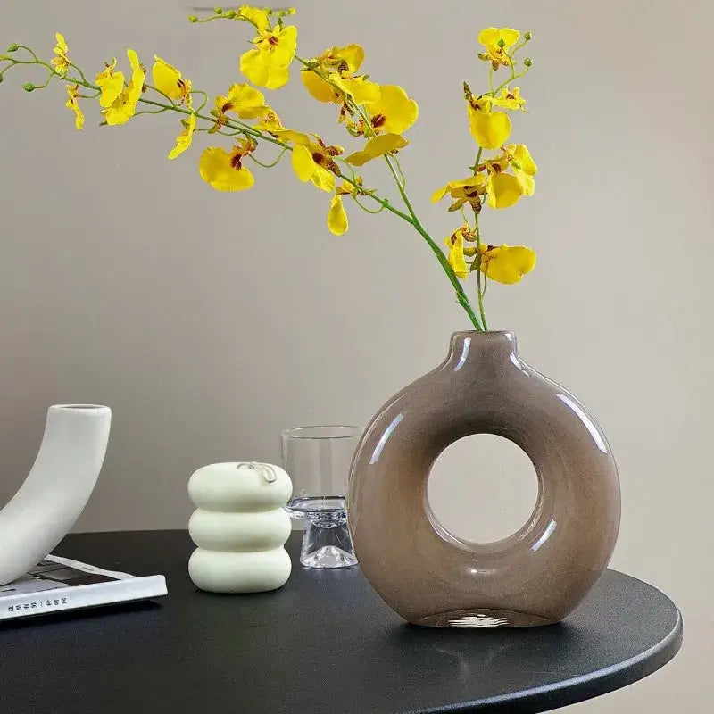 Modern taupe and clear geometric circles glass vase living room decor