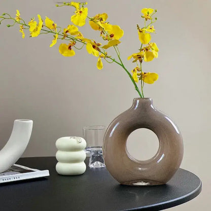 Modern taupe and clear geometric circles glass vase living room decor