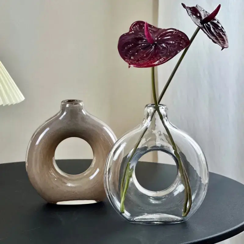 Modern taupe and clear geometric circles glass vase living room decor