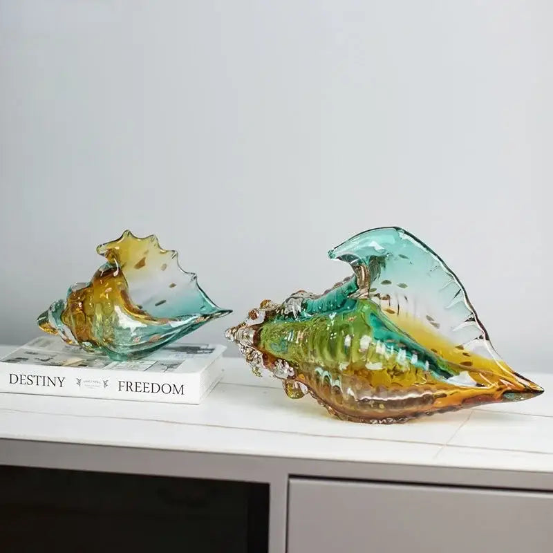 Modern teal & amber glass conch shell statue living room decor