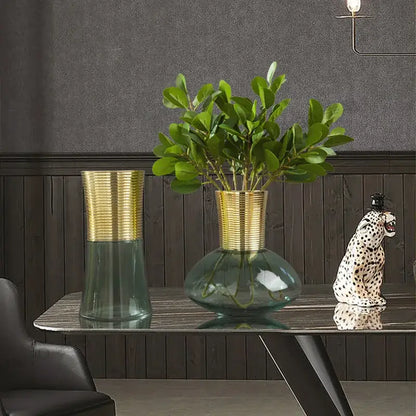 Modern teal & amber gold metal glass vase living room decor
