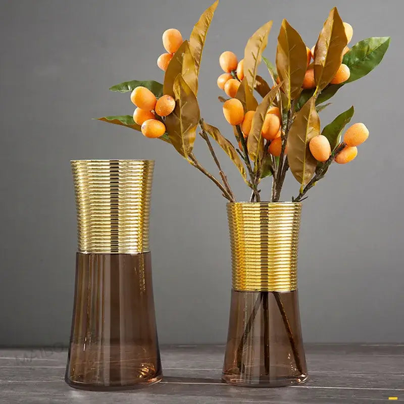 Modern teal & amber gold metal glass vase living room decor