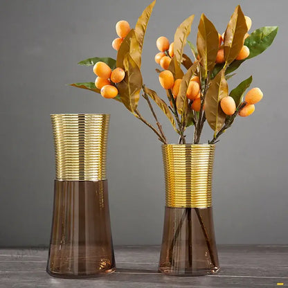 Modern teal & amber gold metal glass vase living room decor