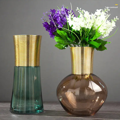 Modern teal & amber gold metal glass vase living room decor