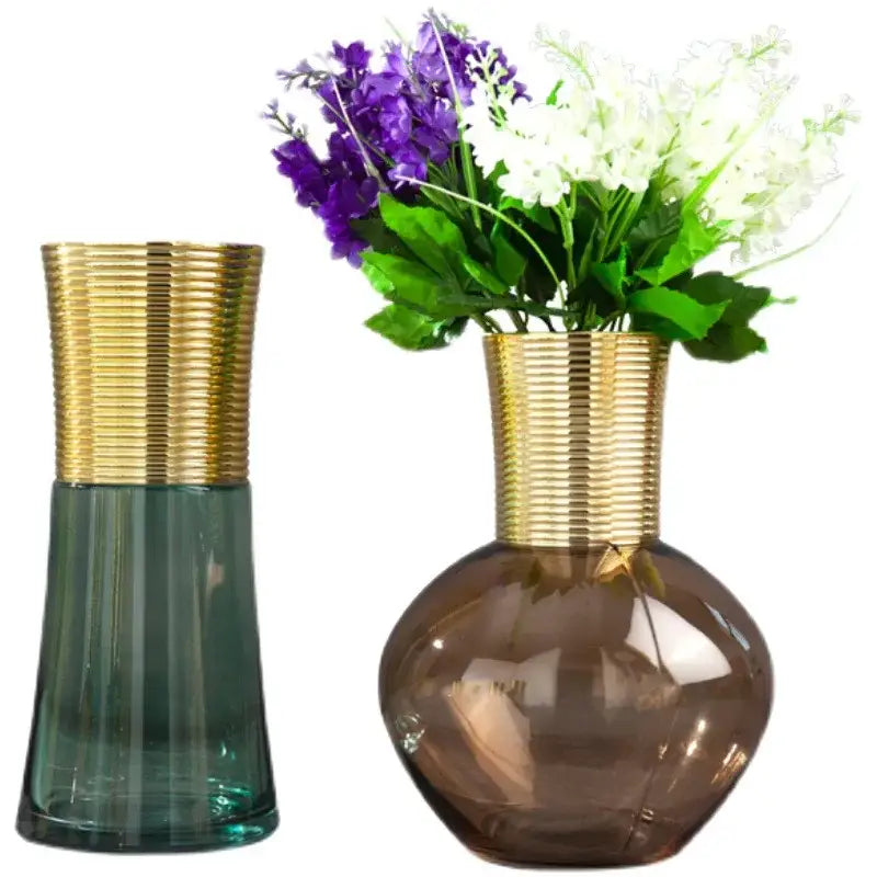 Modern teal & amber gold metal glass vase living room decor
