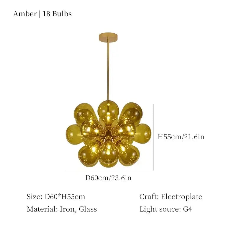 Modern teal and brass glass bubble chandelier living room pendant light