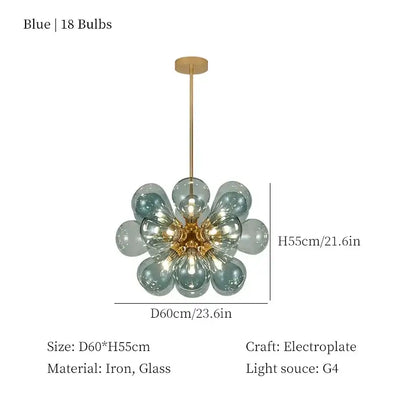 Modern teal and brass glass bubble chandelier living room pendant light