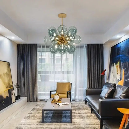 Modern teal and gold glass bubble hanging pendant light dining room