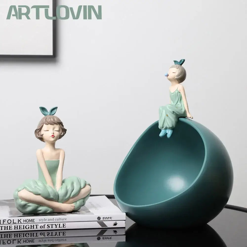 Modern teal bowknot girl figurine living room storage sculpture