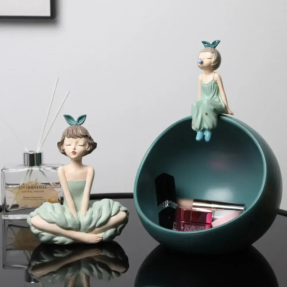 Modern teal bowknot girl figurine living room storage sculpture