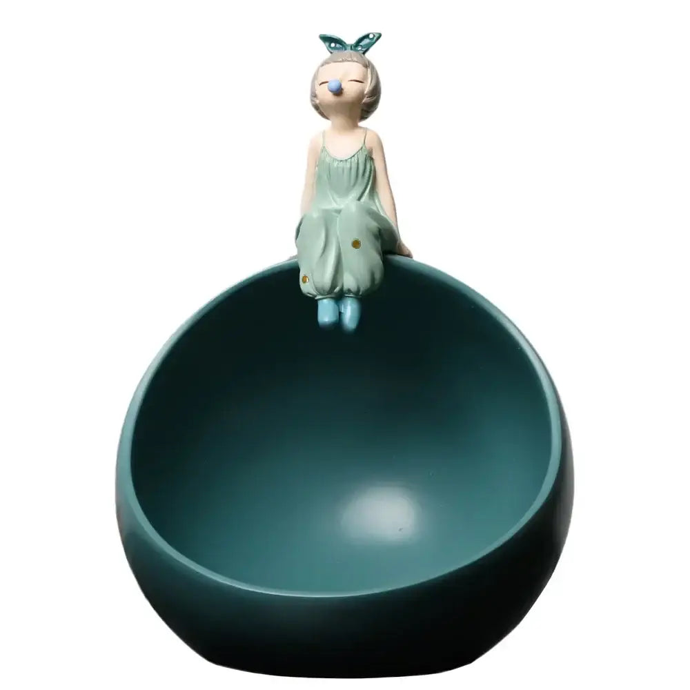 Modern teal bowknot girl figurine living room storage sculpture