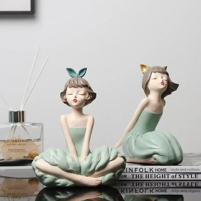 Modern teal bowknot girl figurine living room storage sculpture