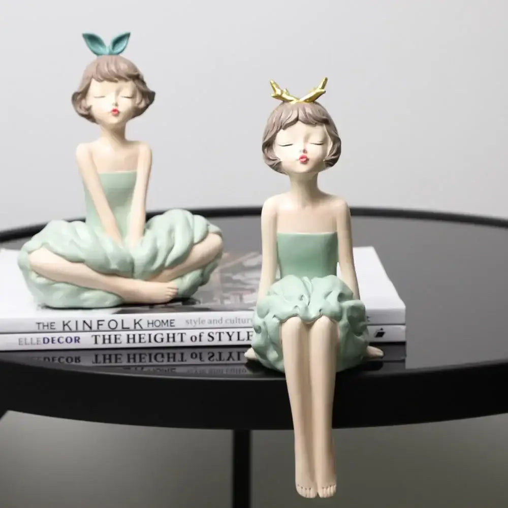 Modern teal bowknot girl figurine living room storage sculpture