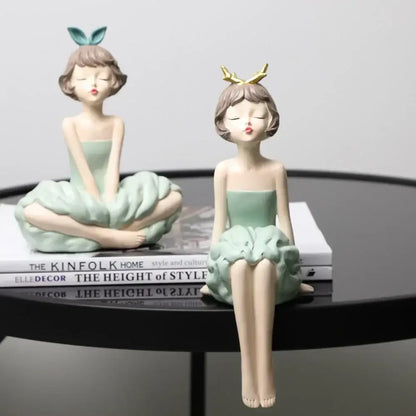 Modern teal bowknot girl figurine living room storage sculpture