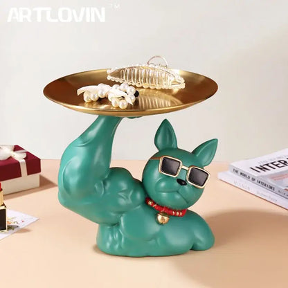 Modern teal bulldog tray living room sculpture