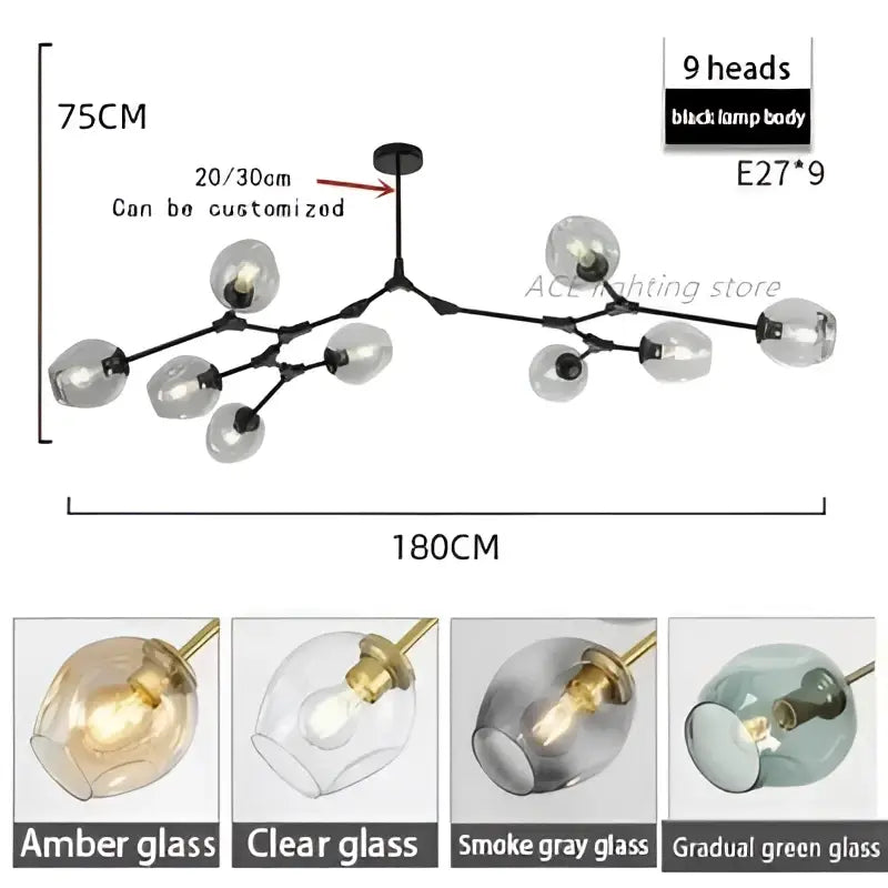 Modern teal glass bubble branch chandelier dining room light