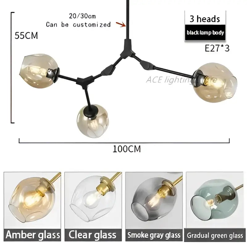Modern teal glass bubble branch chandelier dining room light