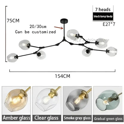 Modern teal glass bubble branch chandelier dining room light