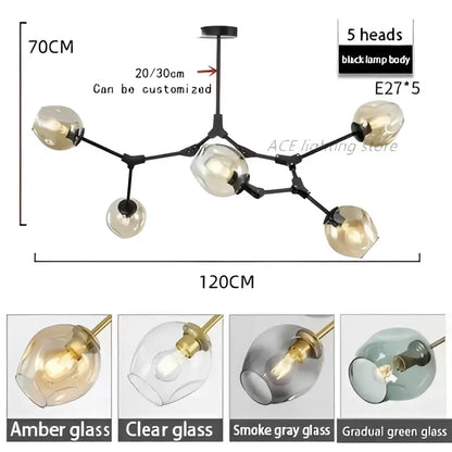 Modern teal glass bubble branch chandelier dining room light