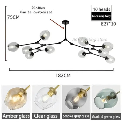 Modern teal glass bubble branch chandelier dining room light