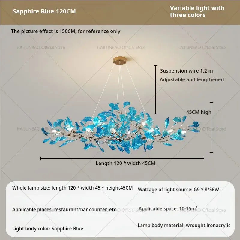 Modern teal glass gingko leaf chandelier dining room art decor