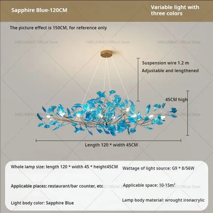 Modern teal glass gingko leaf chandelier dining room art decor