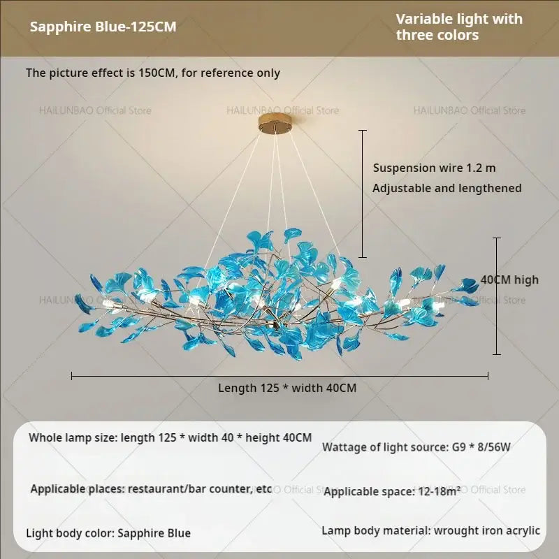 Modern teal glass gingko leaf chandelier dining room art decor