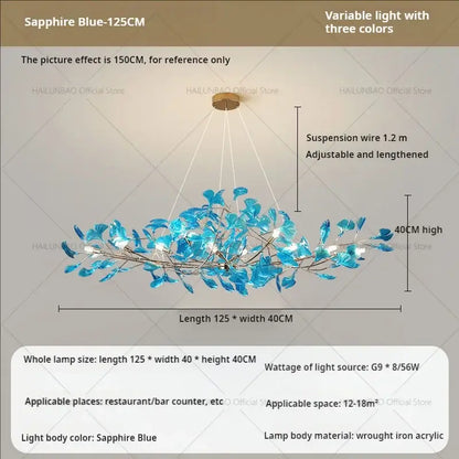 Modern teal glass gingko leaf chandelier dining room art decor