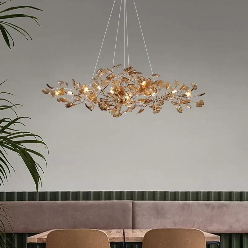 Modern teal glass gingko leaf chandelier dining room art decor