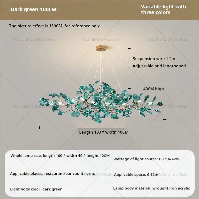 Modern teal glass gingko leaf chandelier dining room art decor