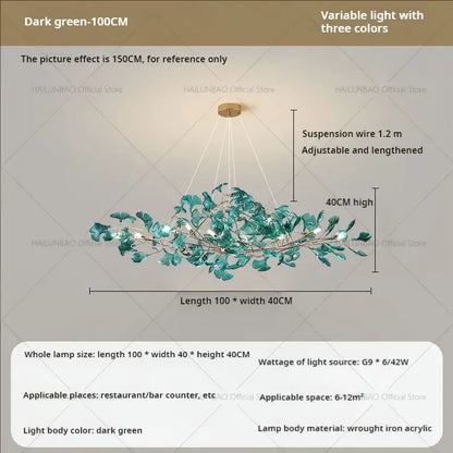 Modern teal glass gingko leaf chandelier dining room art decor