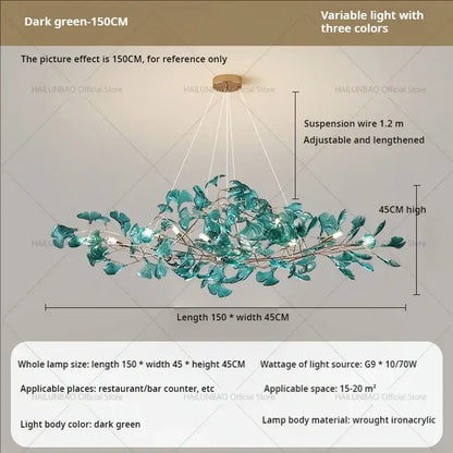 Modern teal glass gingko leaf chandelier dining room art decor