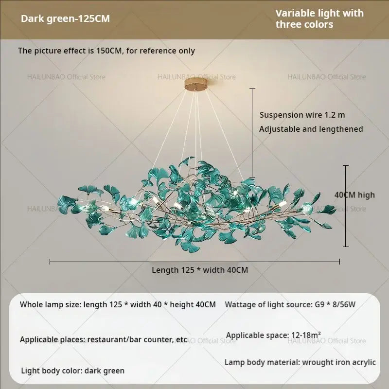 Modern teal glass gingko leaf chandelier dining room art decor