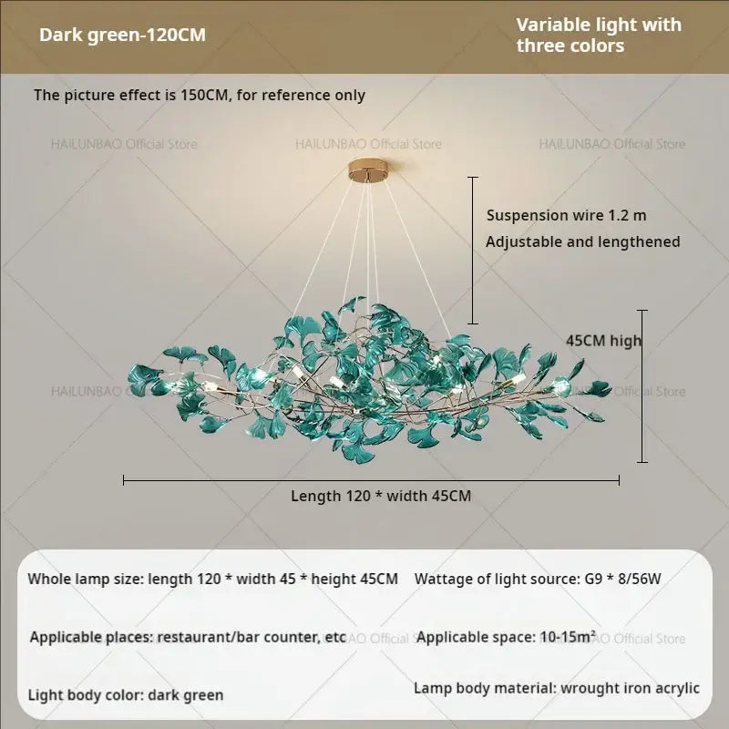 Modern teal glass gingko leaf chandelier dining room art decor