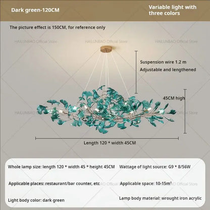 Modern teal glass gingko leaf chandelier dining room art decor