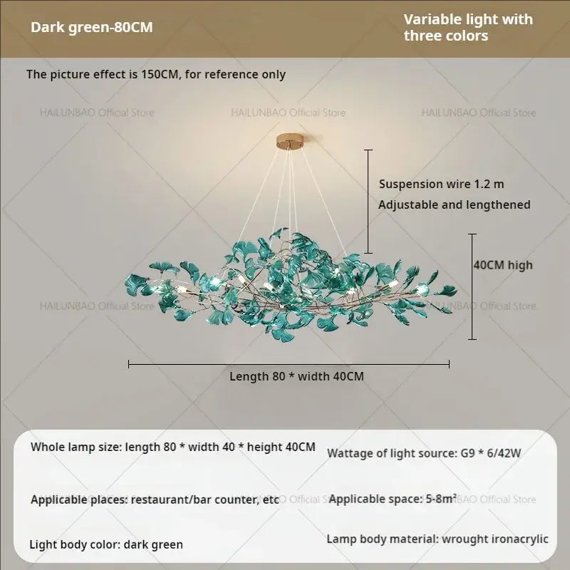 Modern teal glass gingko leaf chandelier dining room art decor