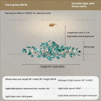 Modern teal glass gingko leaf chandelier dining room art decor
