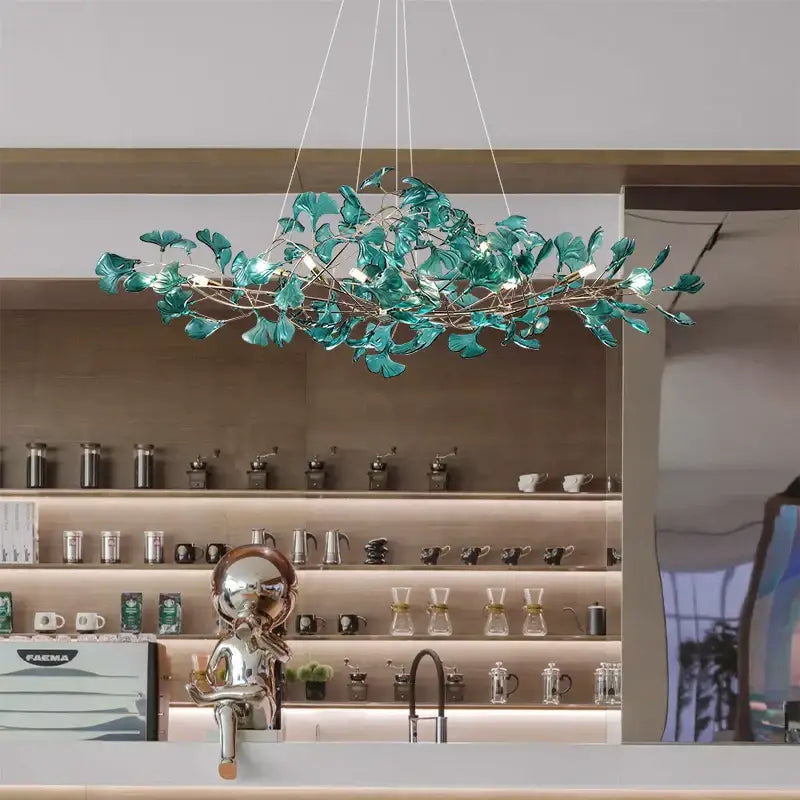Modern teal glass gingko leaf chandelier dining room art decor