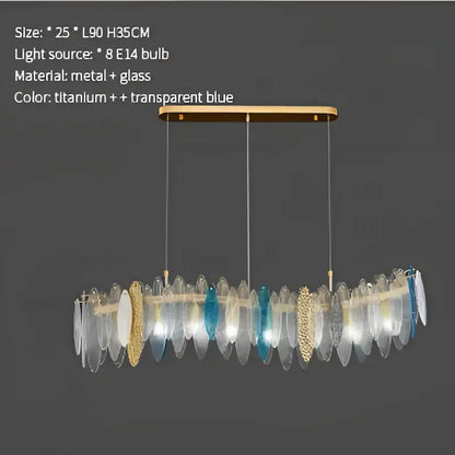 Modern teal & gold glass leaf chandelier light for living room