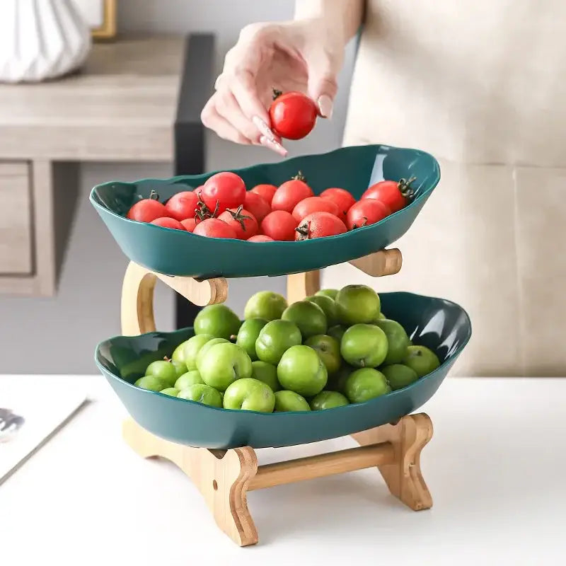 Modern teal & white ceramic layer table plates dining room fruit stand