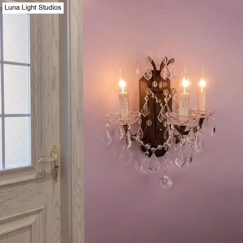 DecorBites™ Modern Teardrop Crystal Candelabra Sconce Light - White Wall Mount with Rust Backplate (3 Lights)