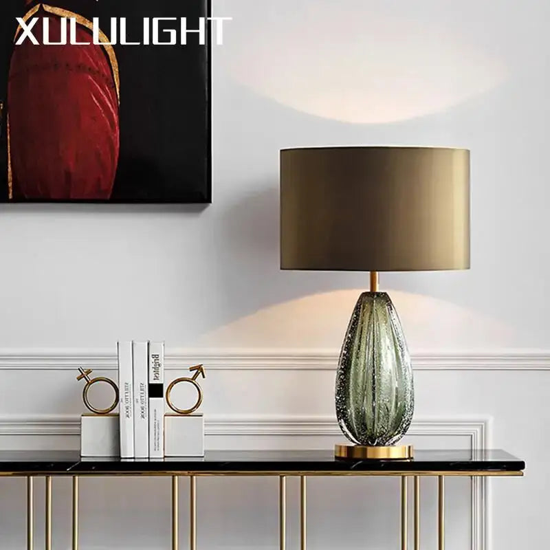 Modern teardrop textured green & gold glass table lamp bedroom