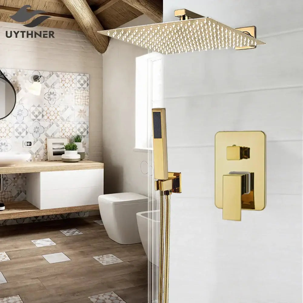 Modern textured gold rain shower faucet set bathroom wall mount