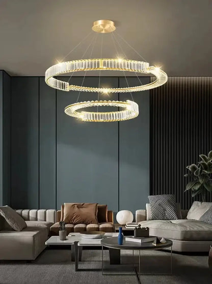 Modern three tier crystal gold ring led chandelier dining room