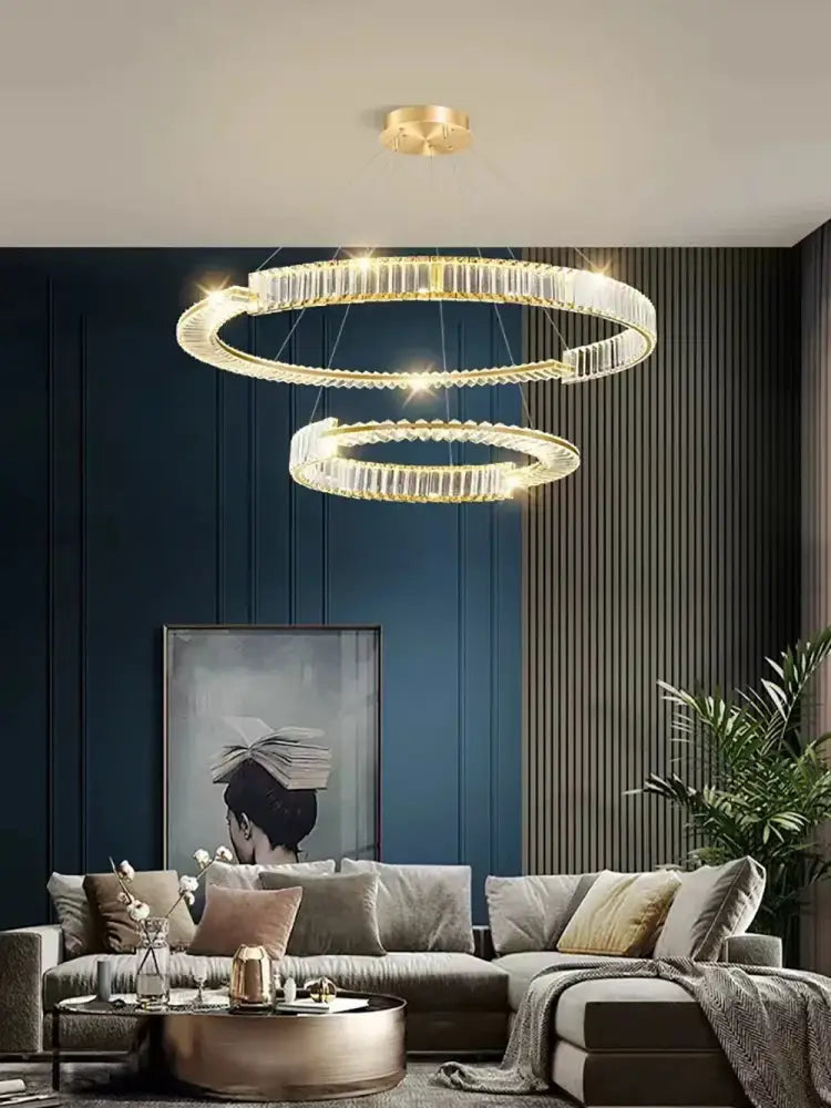 Modern three tier crystal gold ring led chandelier dining room