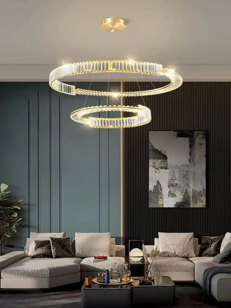 Modern three tier crystal gold ring led chandelier dining room