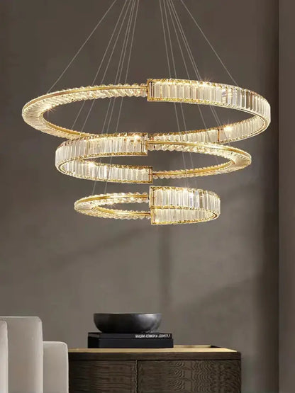 Modern three tier crystal gold ring led chandelier dining room