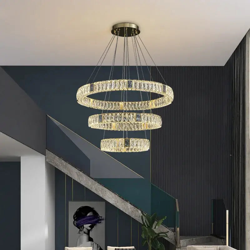 Modern three tier crystal golden led ring chandelier dining room