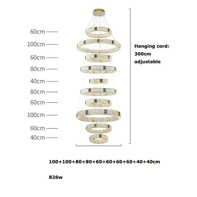 Modern three tier crystal golden led ring chandelier dining room