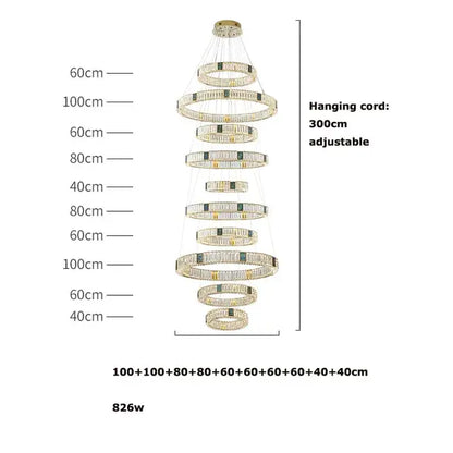 Modern three tier crystal golden led ring chandelier dining room
